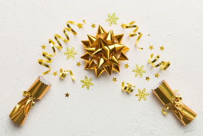 High angle view of christmas decorations on table