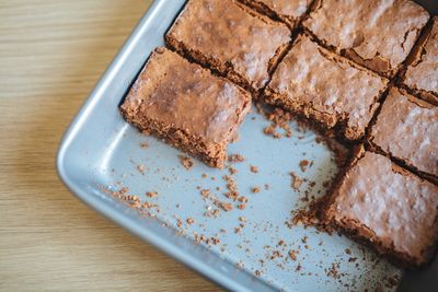 High angle view of chocolate cake in plate