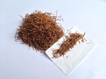 High angle view of dried plant on white table