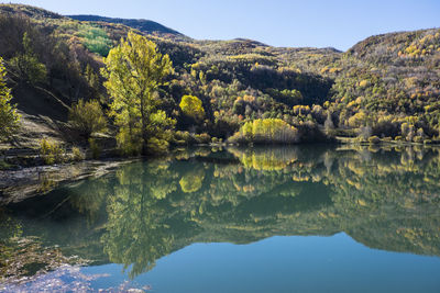 Scenic view of lake and mountains against sky