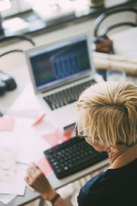 Aerial view of woman working in office at home