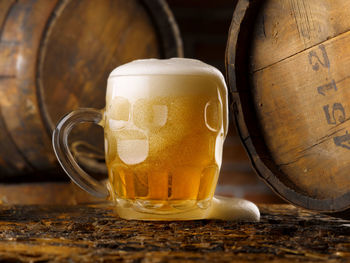 Close-up of beer glass on table