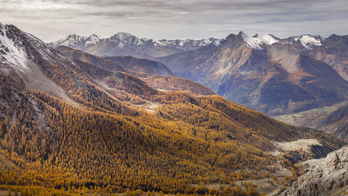 Scenic view of snowcapped mountains against sky