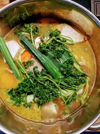 High angle view of soup in bowl