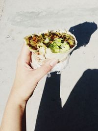 Cropped image of woman holding falafel burritos