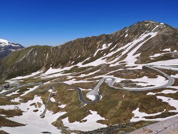 Scenic view of snowcapped mountains against clear sky