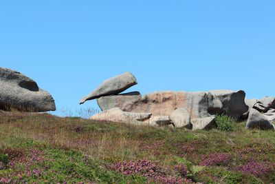 Rocks on field against clear blue sky