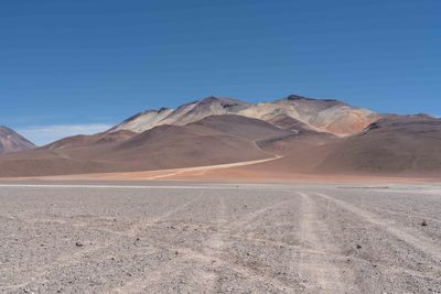 Scenic view of arid landscape against clear blue sky