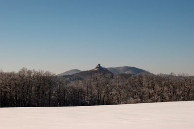 Scenic view of snowcapped mountains against clear sky