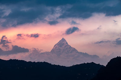 Scenic view of silhouette mountains against sky at sunset