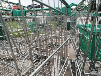 High angle view of metal fence in cage