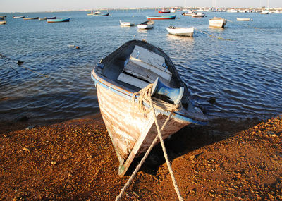 High angle view of boats moored in lake