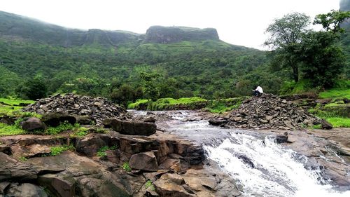 Scenic view of waterfall in forest against sky