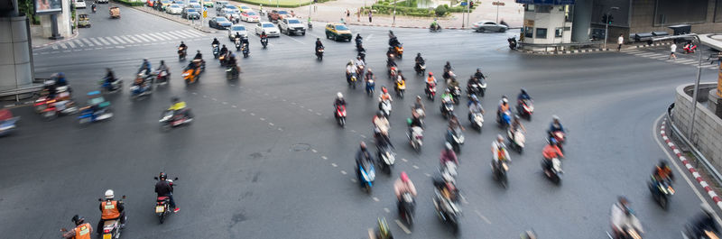 High angle view of people on city street