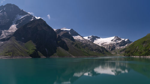 Scenic view of lake and snowcapped mountains against sky