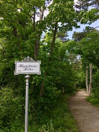 Road sign by trees in forest