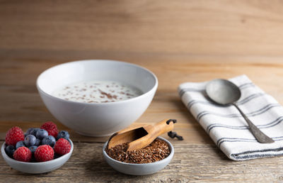 High angle view of breakfast on table