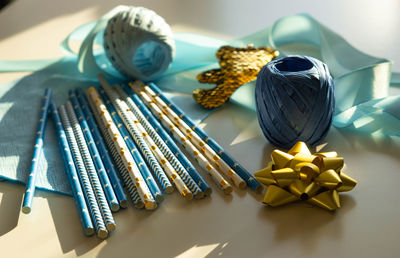 Baby showers decor. blue and golden color concept for gender reveal party, boy's birthday.