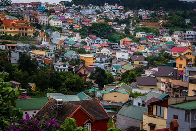 High angle view of buildings in city