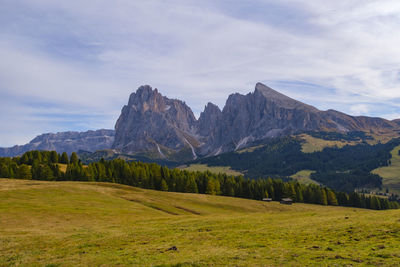 Scenic view of field and mountains against sky