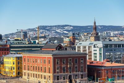 High angle view of buildings in city