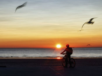 Man riding bicycle on beach against sky during sunset