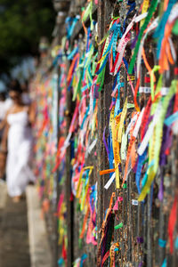 Remembrance ribbons tied to the iron railing of the senhor do bonfim church