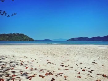 Scenic view of sea against clear blue sky