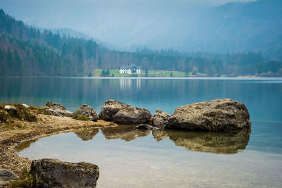 Scenic view of lake against rocks