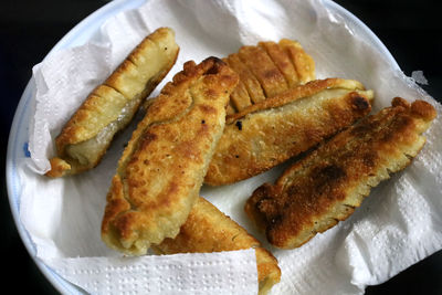 High angle view of bread in plate on table