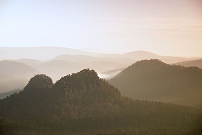 Sunrise in a beautiful mountain of czech-saxony switzerland. sandstone peaks increased from fog