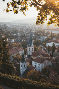 High angle view of townscape and trees in city