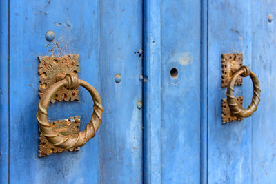 Ancient blue colonial style door at ouro preto city