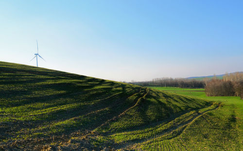 Scenic view of grassy hill against sky