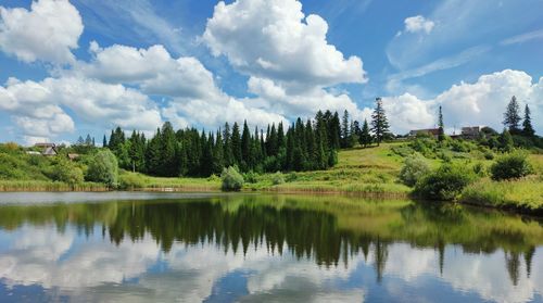 Blue sky with clouds on a sunny day over the green shore of the lake