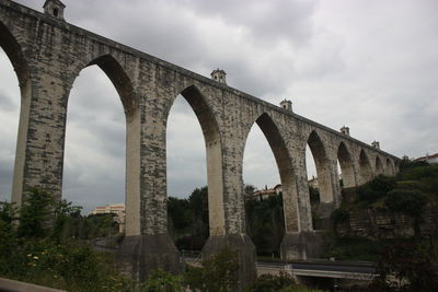 Low angle view of bridge against cloudy sky