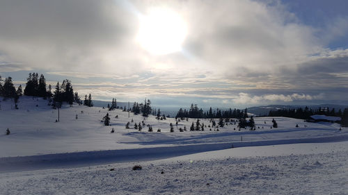 Scenic view of snow covered land against sky