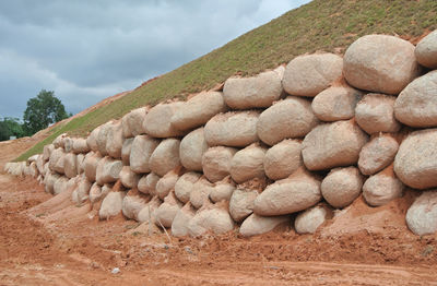 Stack of rocks on land against sky