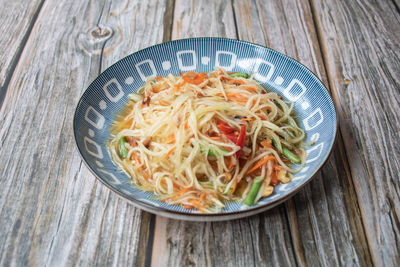 High angle view of noodles in bowl on table