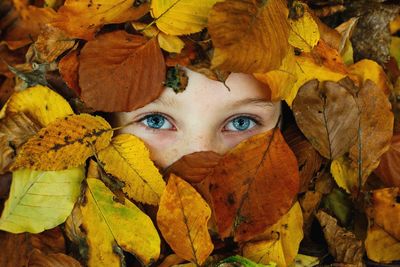 Cropped portrait of woman amidst autumn leaves