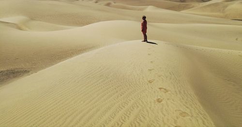 Rear view of man walking on sand at beach