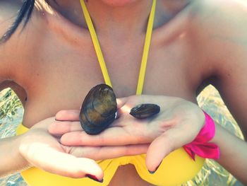 Midsection of woman holding mussels at beach