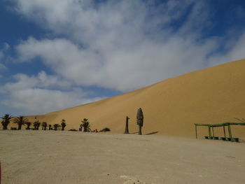 Rear view of man and woman walking on landscape