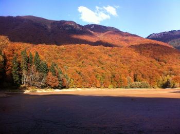 Scenic view of road by mountains against sky during autumn