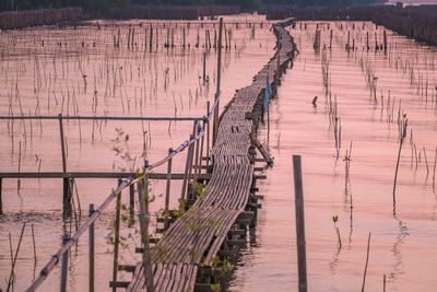 High angle view of wooden post in river