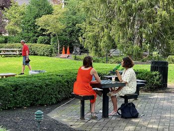Rear view of people sitting on plants against trees