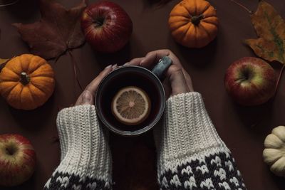 High angle view of pumpkins on table