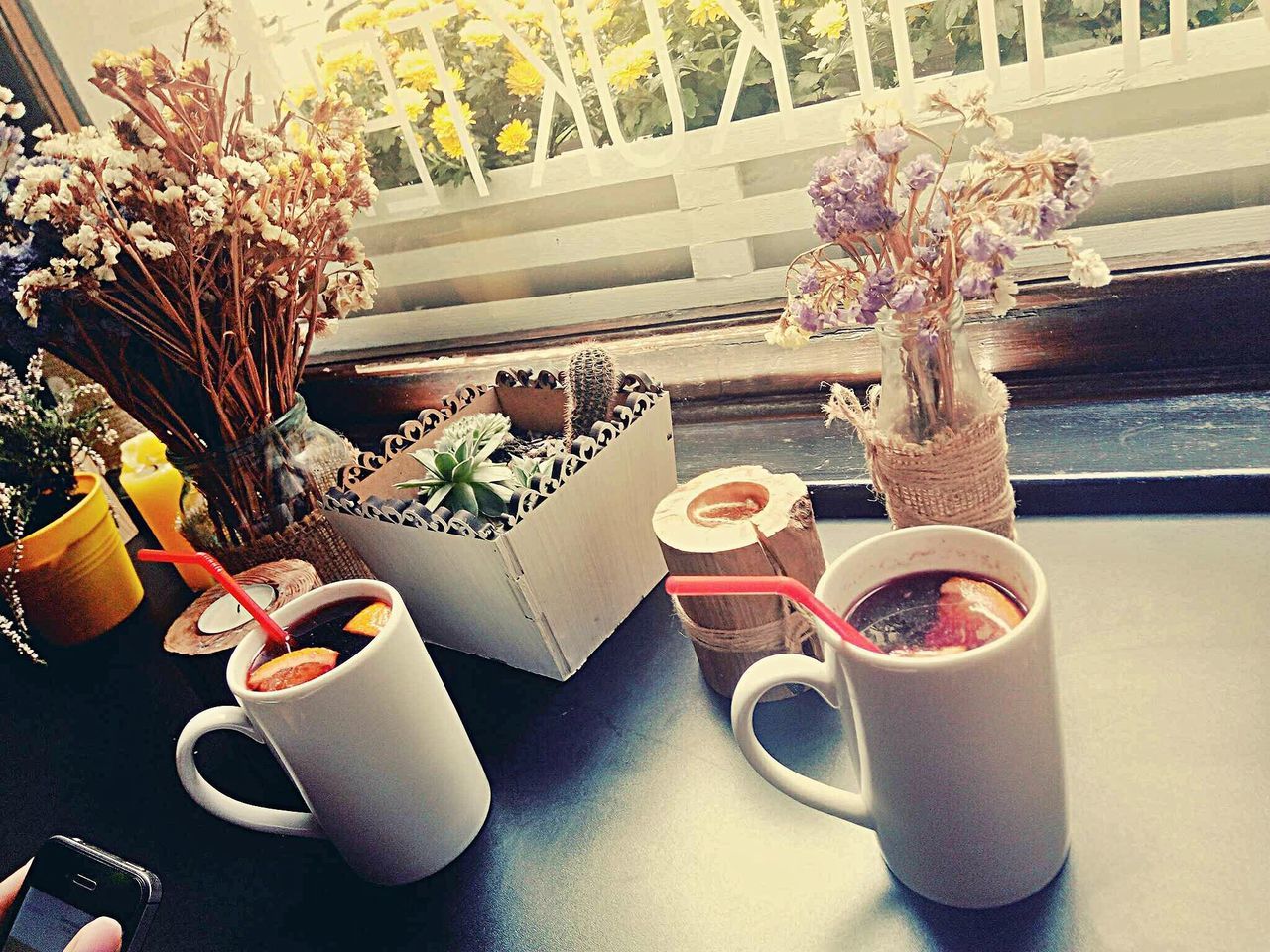 table, freshness, indoors, window, still life, refreshment, flower, plant, houseplant, flower arrangement, patio