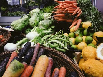 High angle view of vegetables for sale in market