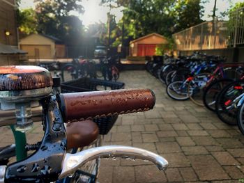 Bicycles parked on street in city